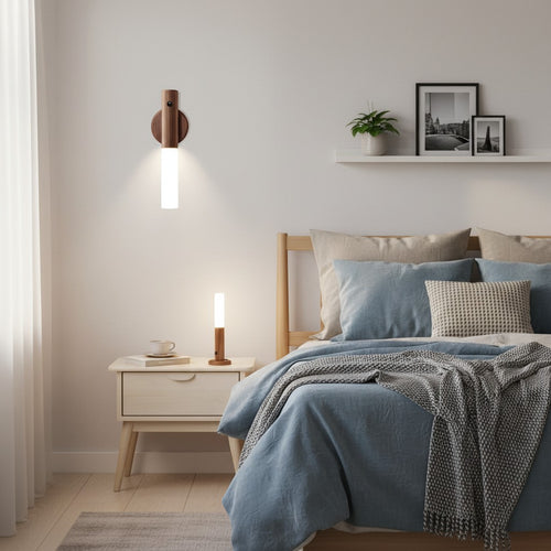 Motion Shop wooden wall lamp with magnetic base, portable LED light, warm white.