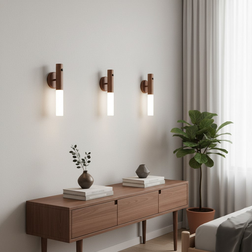Motion Shop wooden wall lamp with magnetic base, portable LED light, warm white.